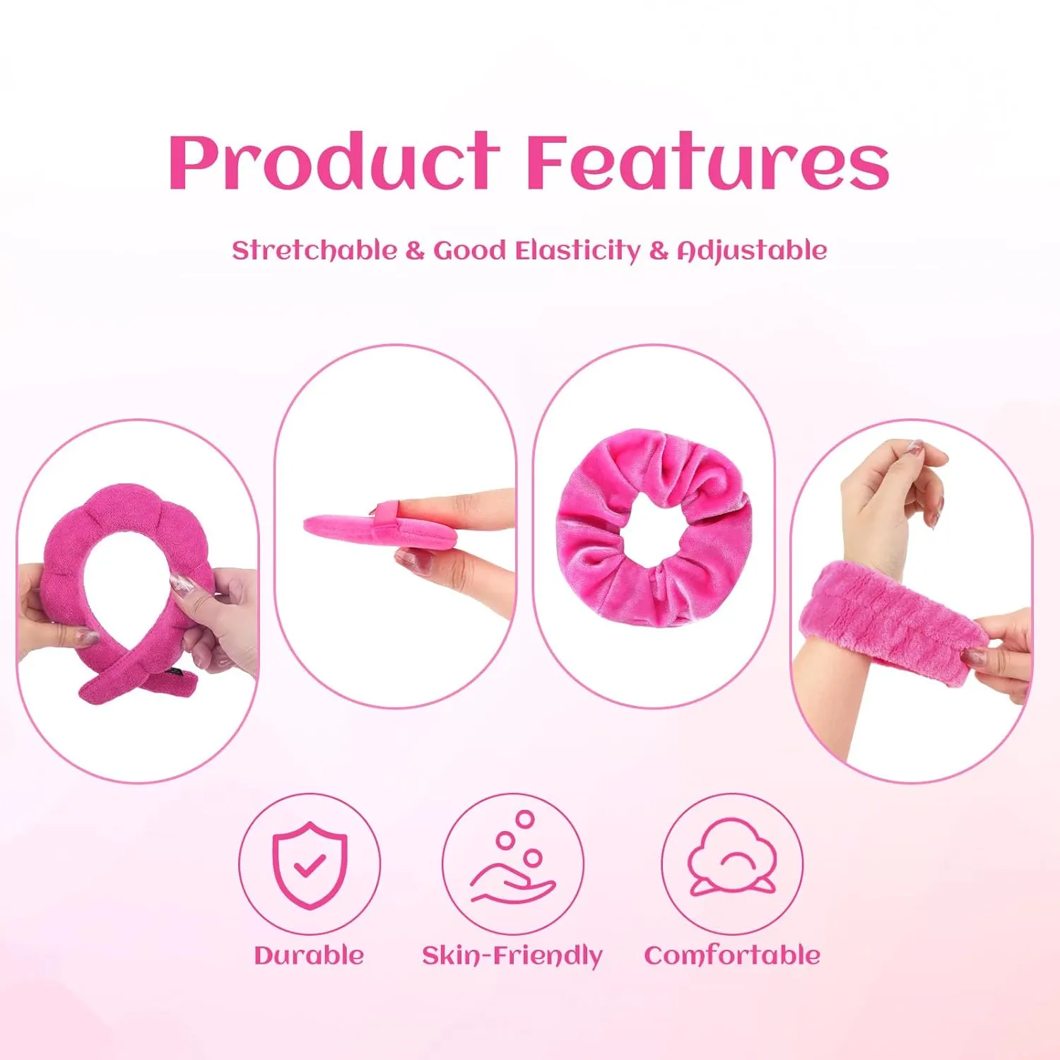 7Pcs Puffy Spa Set: Terry Cloth Headband, Wristbands, Scrunchies, Powder Puffs, and Sponges for Skincare, Face Washing, and Makeup Removal - Rose