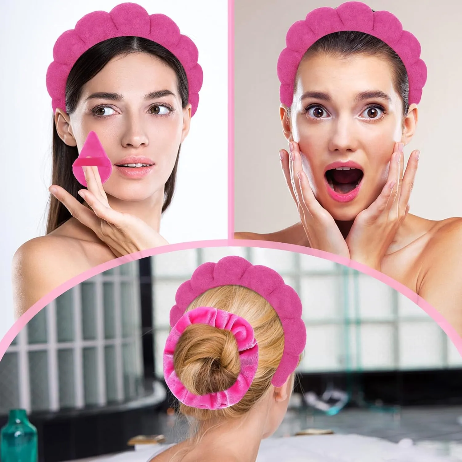 7Pcs Puffy Spa Set: Terry Cloth Headband, Wristbands, Scrunchies, Powder Puffs, and Sponges for Skincare, Face Washing, and Makeup Removal - Rose