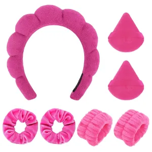 7Pcs Puffy Spa Set: Terry Cloth Headband, Wristbands, Scrunchies, Powder Puffs, and Sponges for Skincare, Face Washing, and Makeup Removal - Rose