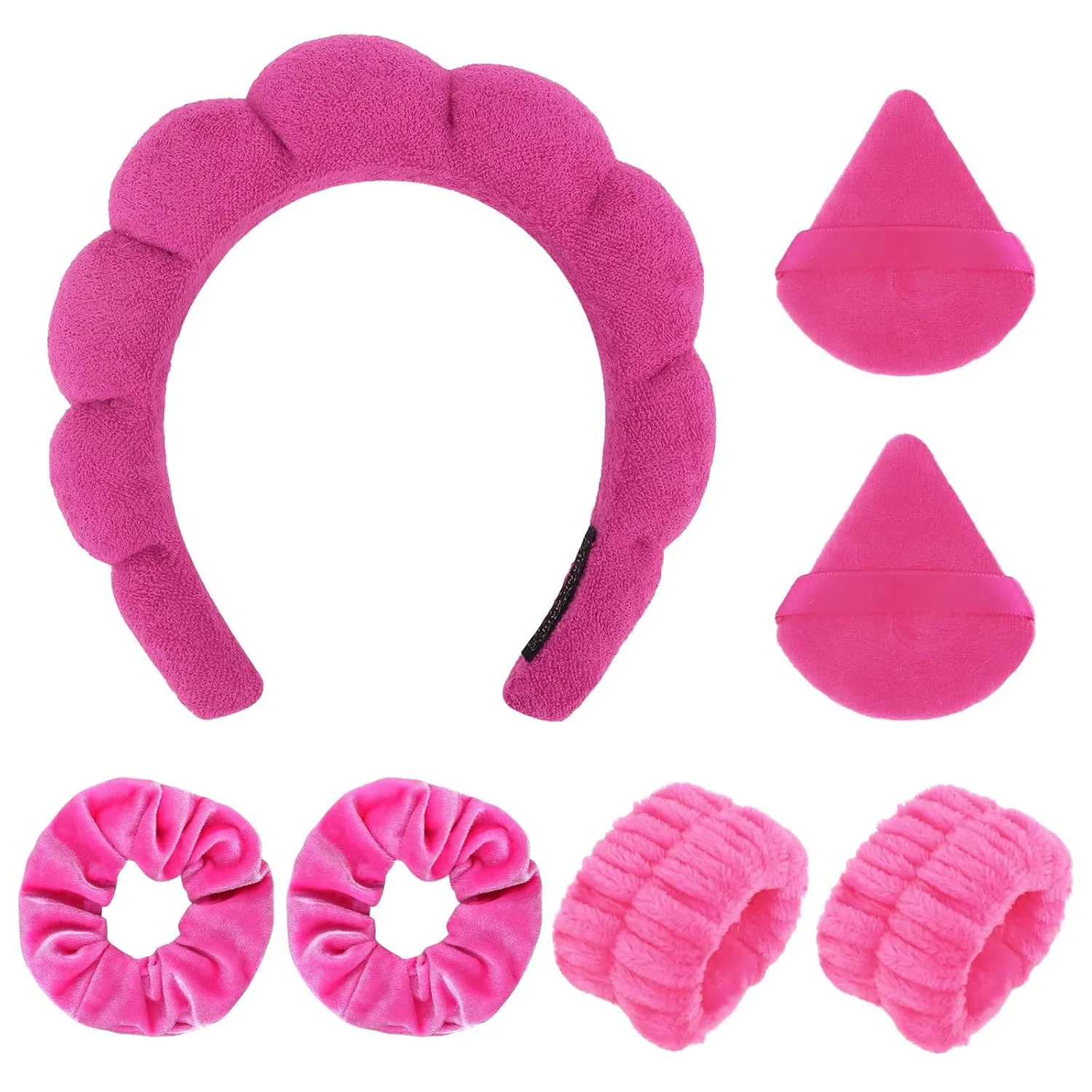 7Pcs Puffy Spa Set: Terry Cloth Headband, Wristbands, Scrunchies, Powder Puffs, and Sponges for Skincare, Face Washing, and Makeup Removal - Rose