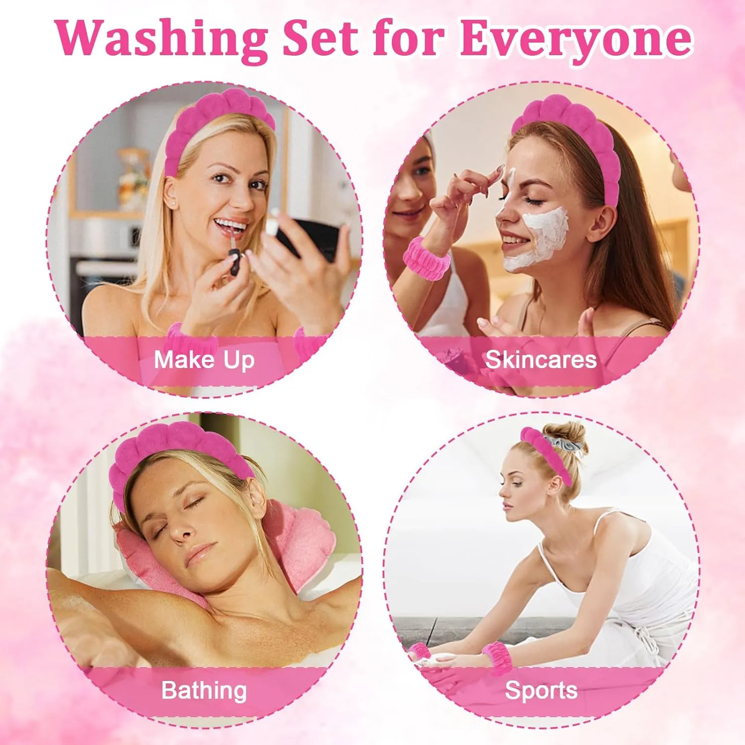 7Pcs Puffy Spa Set: Terry Cloth Headband, Wristbands, Scrunchies, Powder Puffs, and Sponges for Skincare, Face Washing, and Makeup Removal - Rose