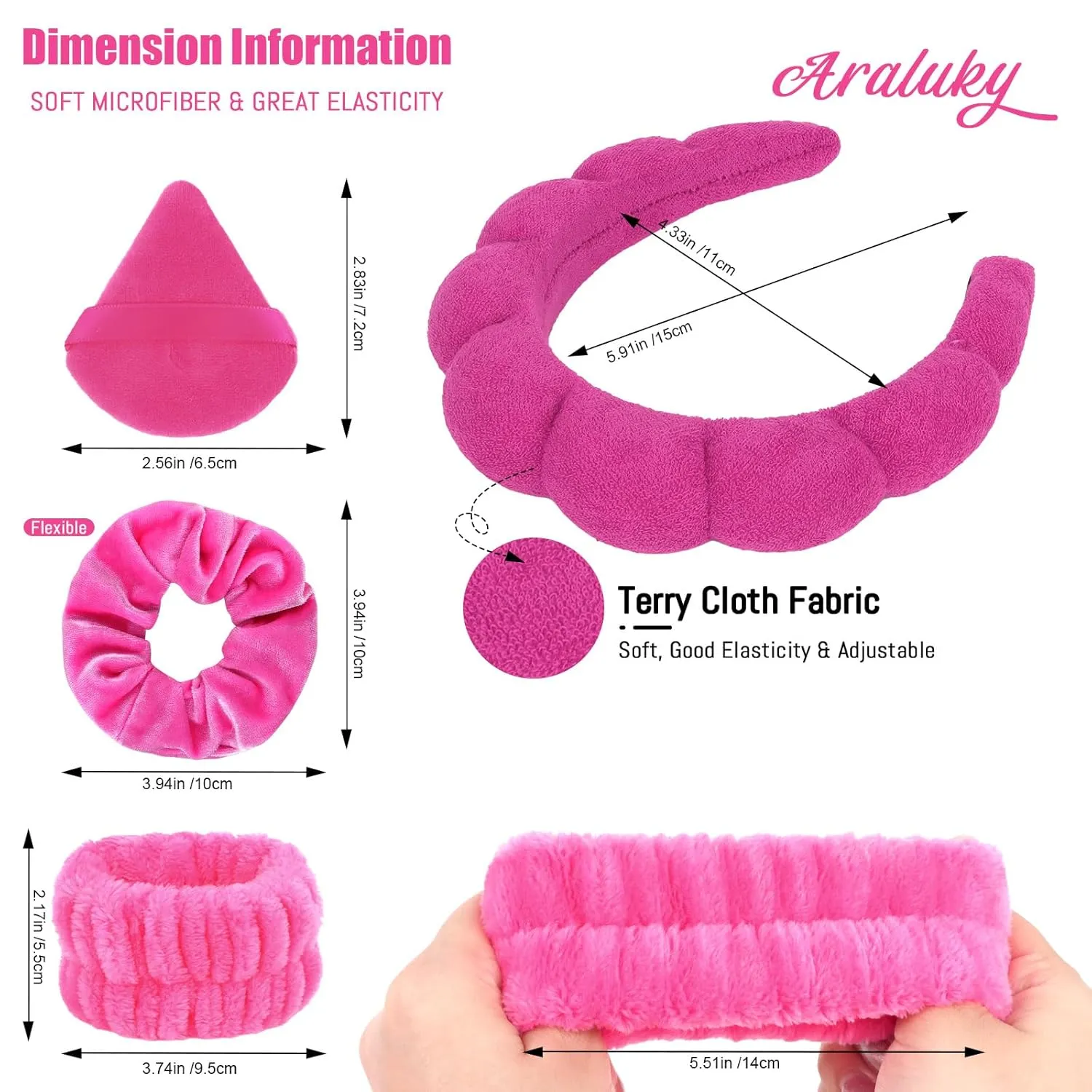 7Pcs Puffy Spa Set: Terry Cloth Headband, Wristbands, Scrunchies, Powder Puffs, and Sponges for Skincare, Face Washing, and Makeup Removal - Rose