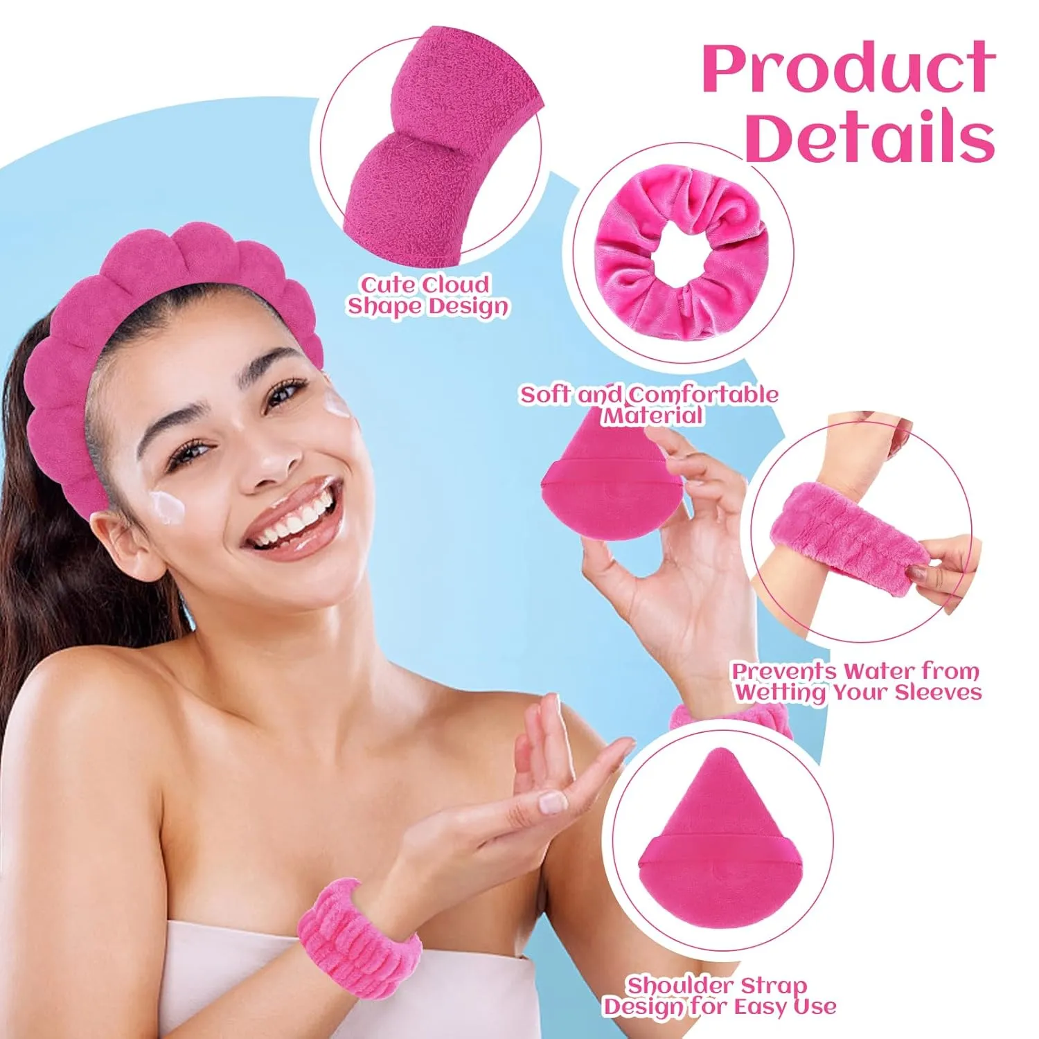 7Pcs Puffy Spa Set: Terry Cloth Headband, Wristbands, Scrunchies, Powder Puffs, and Sponges for Skincare, Face Washing, and Makeup Removal - Rose