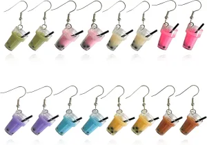 8 Pairs Funny Tricolor Pearl Milk Tea Dangle Earrings for Women Creative Unique Earring Set Party Jewelry