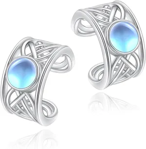 925 Sterling Silver Celtic Ear Cuff Earrings Non Pierced Lab Moonstone Fake Cartilage Cuffs Earrings for Women - Set of 2 (Celtic Moonstone)
