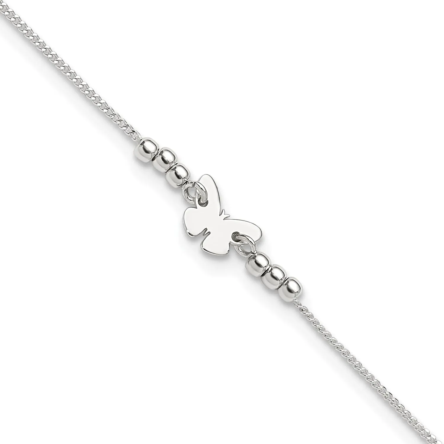 925 Sterling Silver Polished with 1in ext. Butterfly Anklet, 9" Length