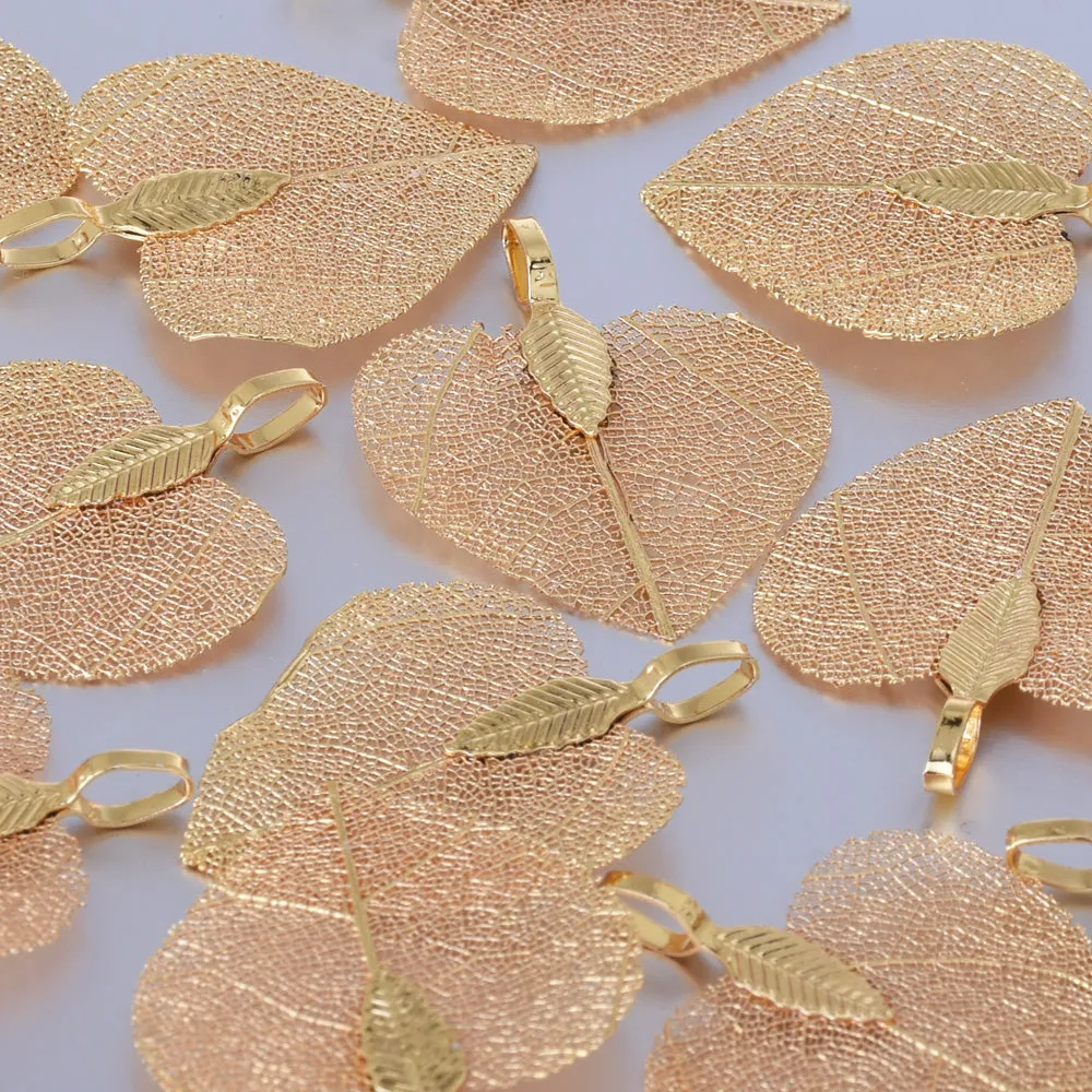 About 25-30mm Real Nature Heart Leaf Pendant Filigree Leaf Charm metal leaf, electroforming hole 5mm Jewelry Supplies champagne 2pcs