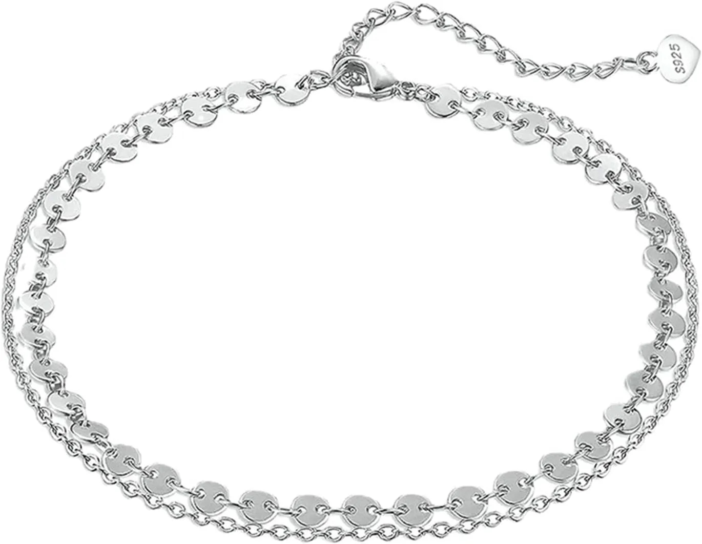 Aienid Silver Chain Anklet, Sterling Silver Anklet for Women Adjustable Ankle Bracelet Double Layer Chain Ankle Bracelet Beach