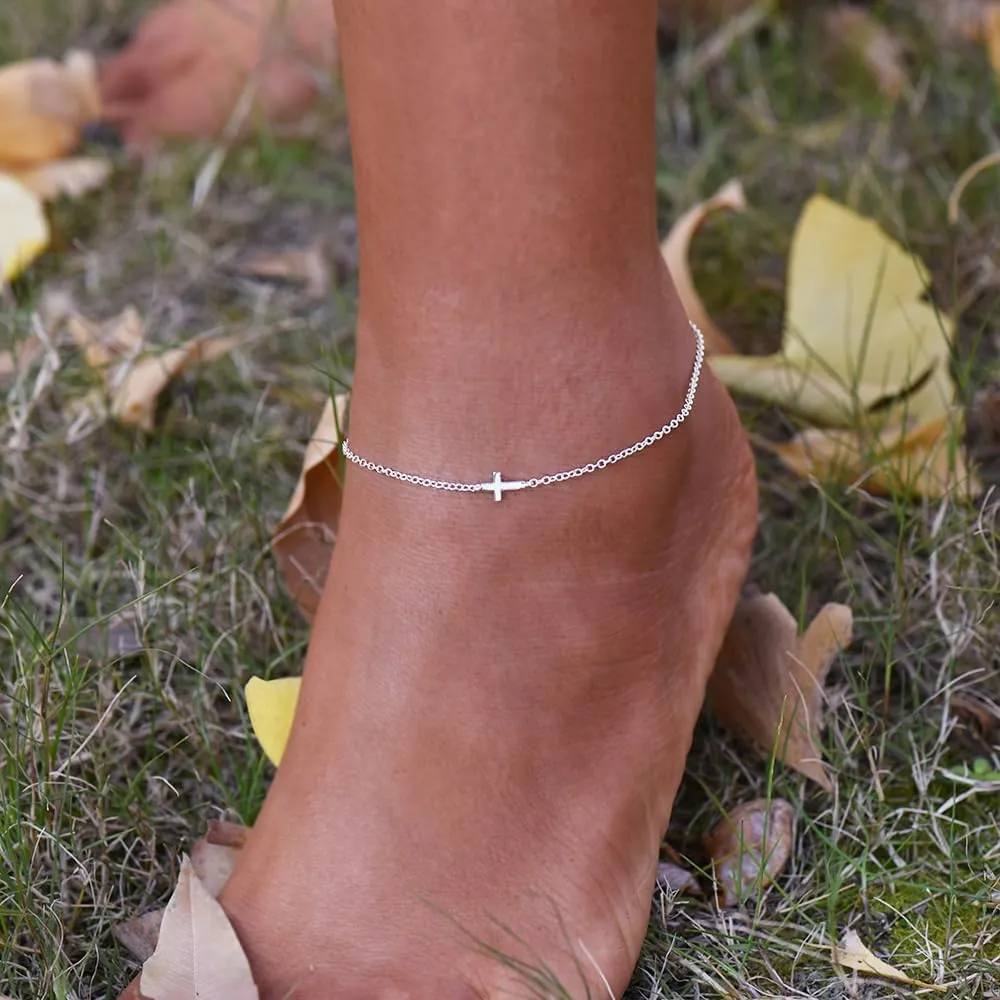 Anklets for Women 14K Gold Plated Anklets Waterproof Ankle Bracelets for Women Silver Ankle Bracelet Layered Cross Satellite Bowknot Flower Pearl Beach Anklets Cute Jewelry Gift