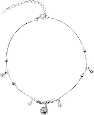 Anklets for Women, 925 Silver Anklets Bracelet for Womens with Bells and Beads Silver Chain Anklets Dainty Jewelry Gift 25.7CM