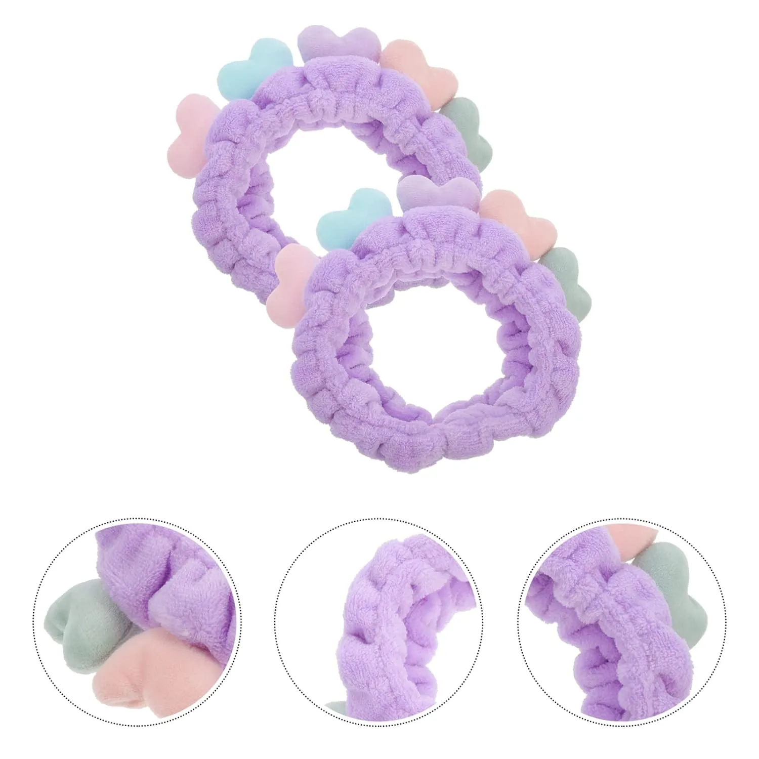 Beaupretty 2pcs Plush Spa Headband Cute Heart Coral Fleece Makeup Headband Soft Elastic Head Wrap Cosmetic Bow Hair Bands Women Facial Hair Scrunchies for Shower (Violet)