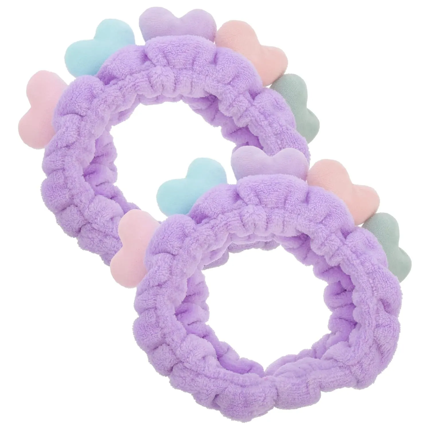 Beaupretty 2pcs Plush Spa Headband Cute Heart Coral Fleece Makeup Headband Soft Elastic Head Wrap Cosmetic Bow Hair Bands Women Facial Hair Scrunchies for Shower (Violet)