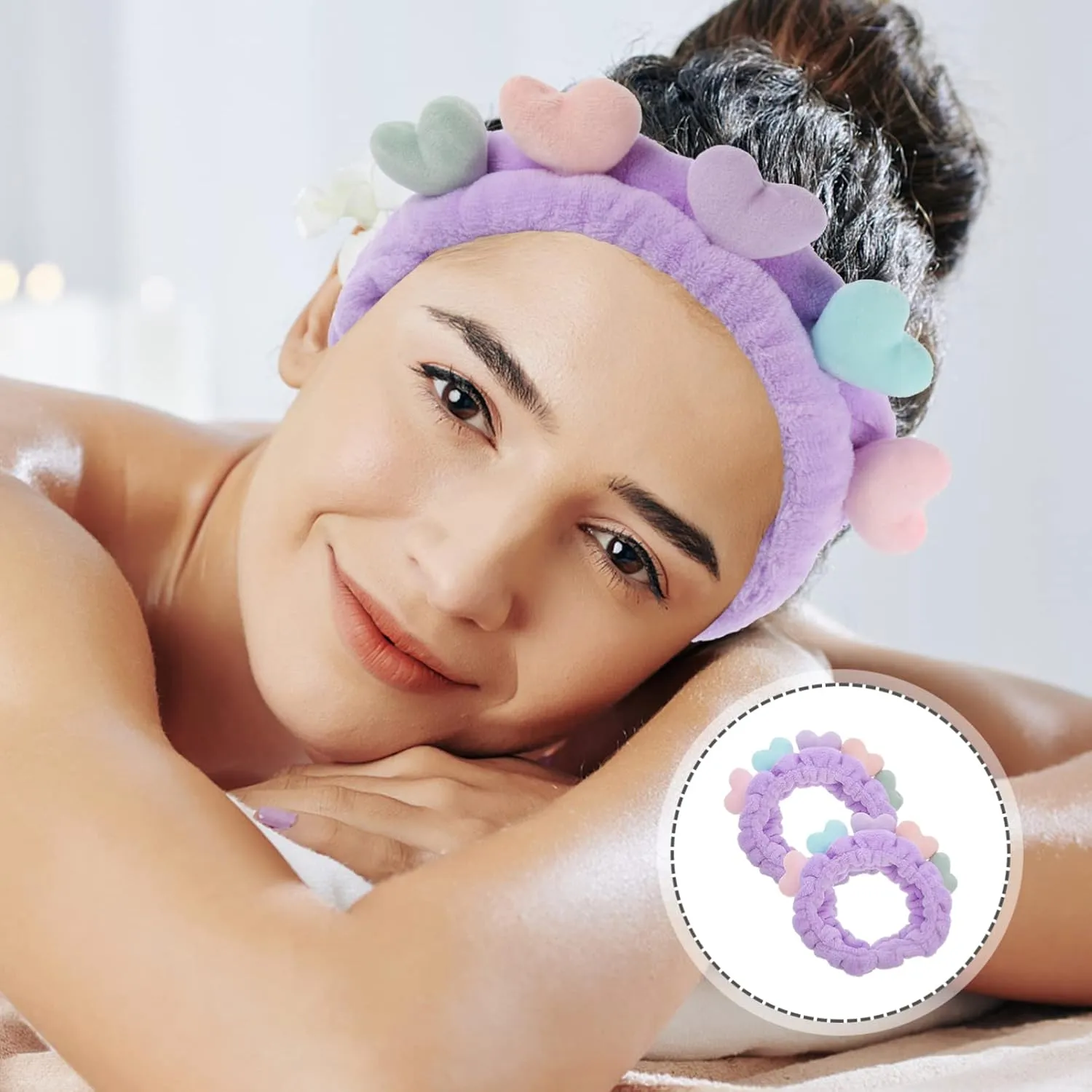 Beaupretty 2pcs Plush Spa Headband Cute Heart Coral Fleece Makeup Headband Soft Elastic Head Wrap Cosmetic Bow Hair Bands Women Facial Hair Scrunchies for Shower (Violet)