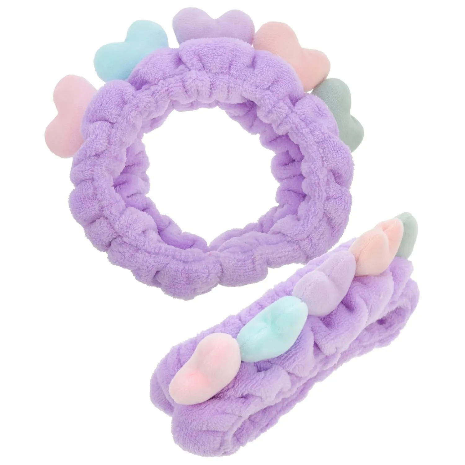 Beaupretty 2pcs Plush Spa Headband Cute Heart Coral Fleece Makeup Headband Soft Elastic Head Wrap Cosmetic Bow Hair Bands Women Facial Hair Scrunchies for Shower (Violet)