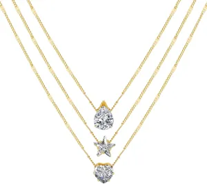 BERISO Dainty Gold Layered Necklaces for Women 14K Gold Plated Star Zircon Choker Necklace Love Zircon Pendant Layering Necklace Set for Women