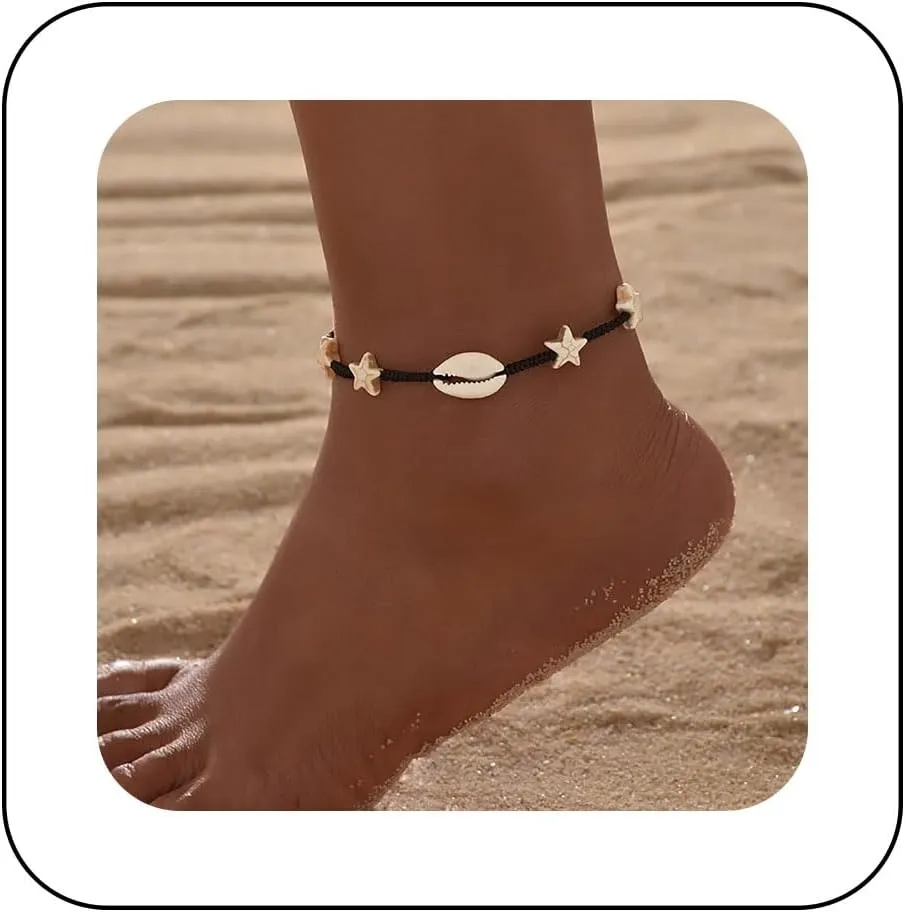 Bohemian Shell Star Anklet Bracelet Star Anklet Woven Rope Cowrie Shell Ankle Bracelet Black Rope Bead Chain Anklet Adjustable Black Wax Anklets Summer Beach Foot Chain Jewelry