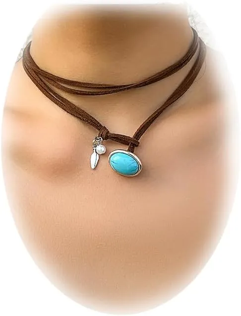Boho Choker Necklaces for Women Bohemian Turquoise Necklace Layered Leather Necklace Adjustable Vintage Bead Western Fashion Jewelry Gifts (Boho Necklaces)