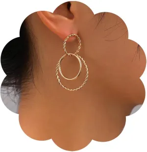 Boho Gold Open Circle Earrings Gold Circle Dangle Earrings Twist Circle Drop Earrings Long Metal Circle Hoop Earrings Minimalist Geometric Earrings Jewelry for Women