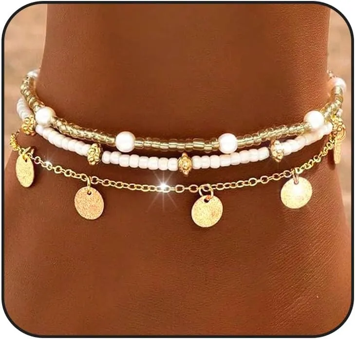 Boho Shell Ankle Bracelets Sets for Women Gold Beads Adjustable Anklet Hawaiian Beach Cross Conch Foot Jewelry Gift