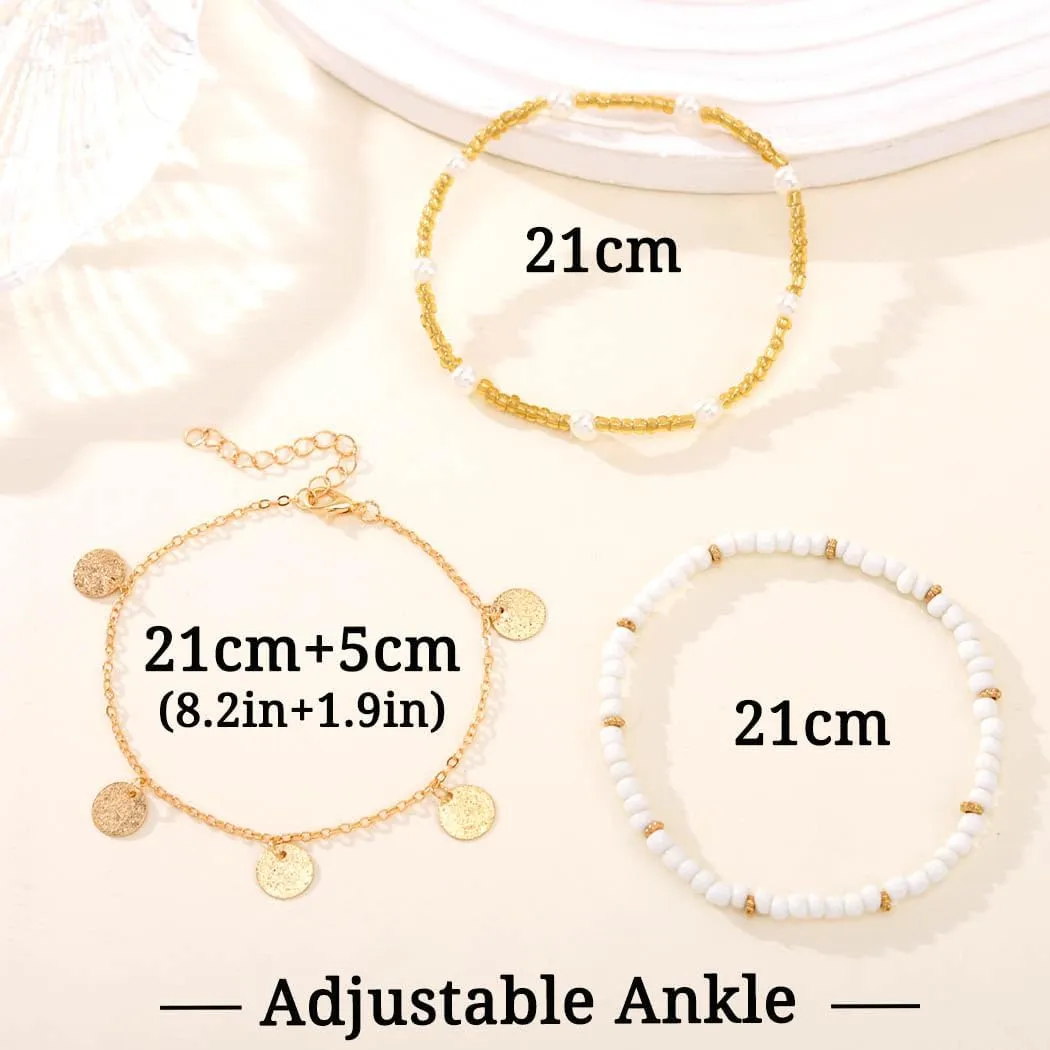 Boho Shell Ankle Bracelets Sets for Women Gold Beads Adjustable Anklet Hawaiian Beach Cross Conch Foot Jewelry Gift