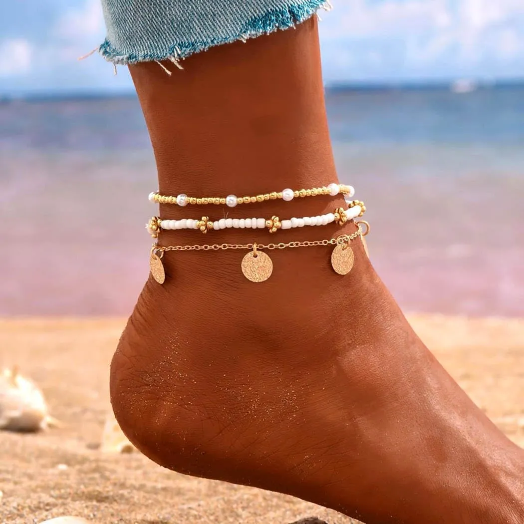 Boho Shell Ankle Bracelets Sets for Women Gold Beads Adjustable Anklet Hawaiian Beach Cross Conch Foot Jewelry Gift
