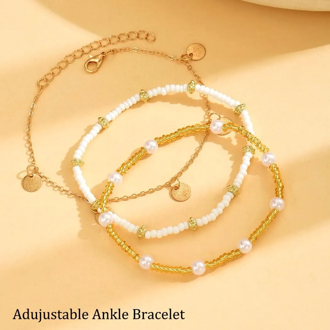 Boho Shell Ankle Bracelets Sets for Women Gold Beads Adjustable Anklet Hawaiian Beach Cross Conch Foot Jewelry Gift