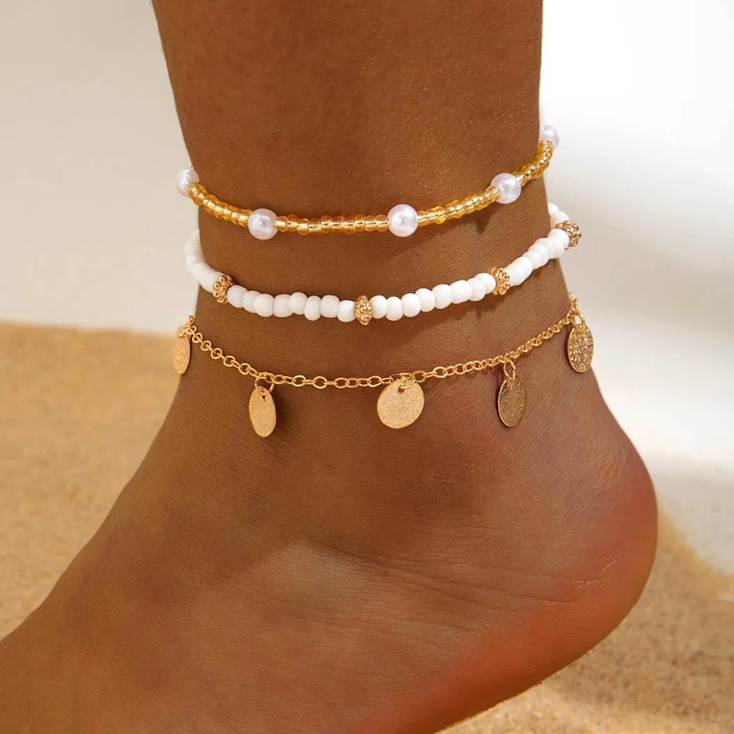 Boho Shell Ankle Bracelets Sets for Women Gold Beads Adjustable Anklet Hawaiian Beach Cross Conch Foot Jewelry Gift