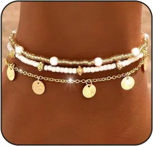 Boho Shell Ankle Bracelets Sets for Women Gold Beads Adjustable Anklet Hawaiian Beach Cross Conch Foot Jewelry Gift
