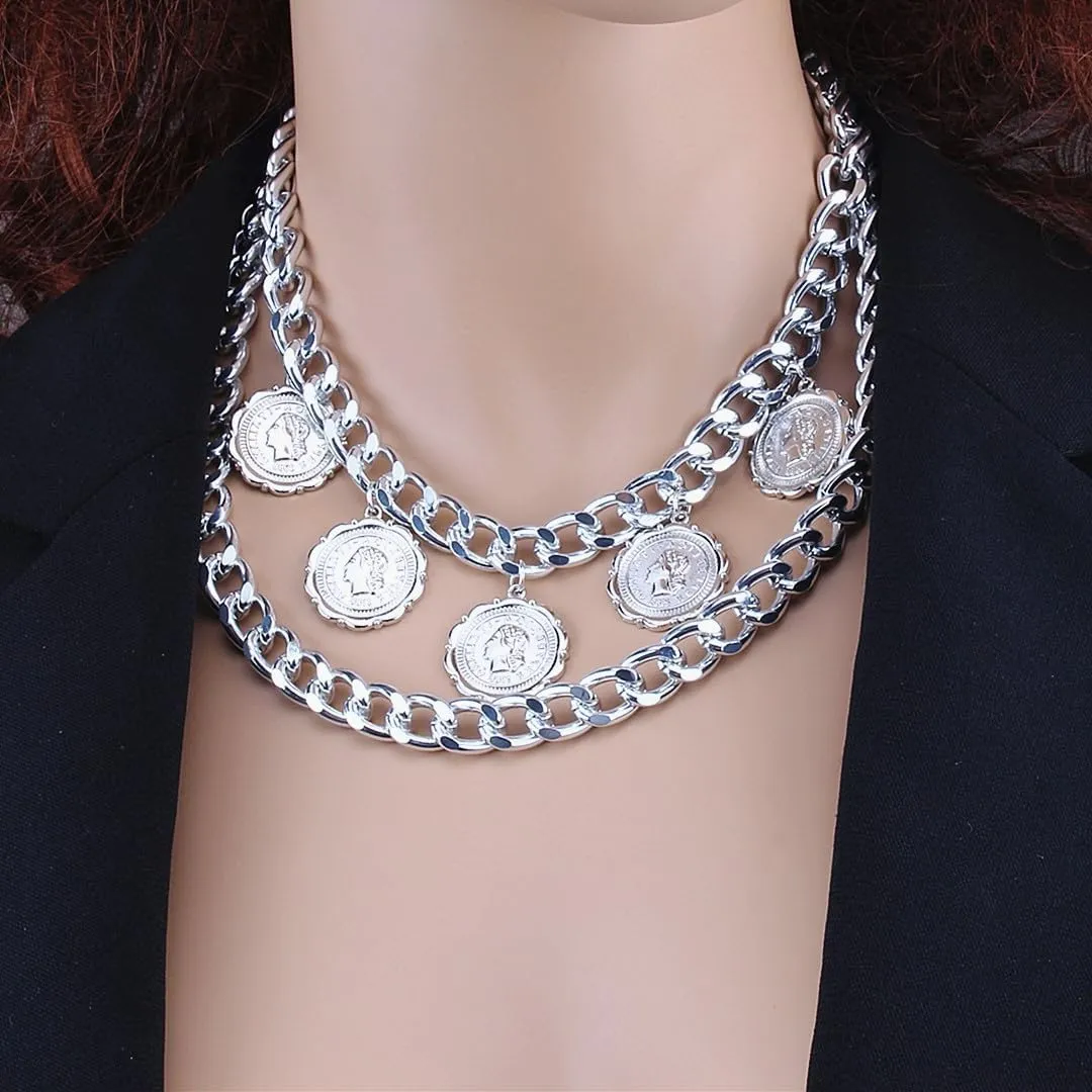 Chunky Gold Necklace for Women Trendy Layered Necklaces Vintage Multi-Layered Queen Head Love Coin Cross Necklace 80's Hip Hop Cuban Chain Necklace Pirate Jewelry Prom Costume Accessories