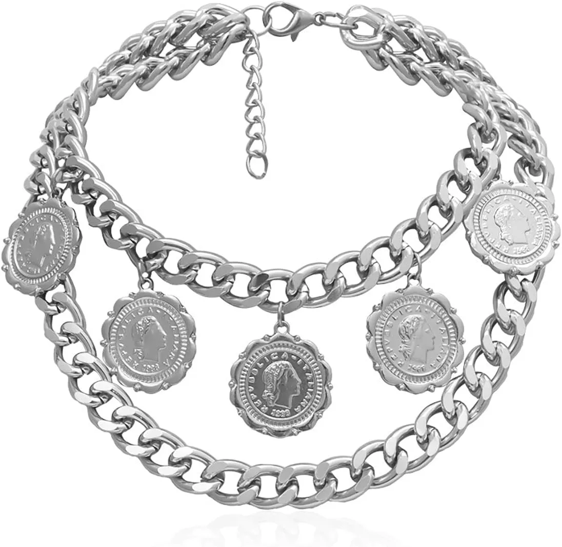 Chunky Gold Necklace for Women Trendy Layered Necklaces Vintage Multi-Layered Queen Head Love Coin Cross Necklace 80's Hip Hop Cuban Chain Necklace Pirate Jewelry Prom Costume Accessories