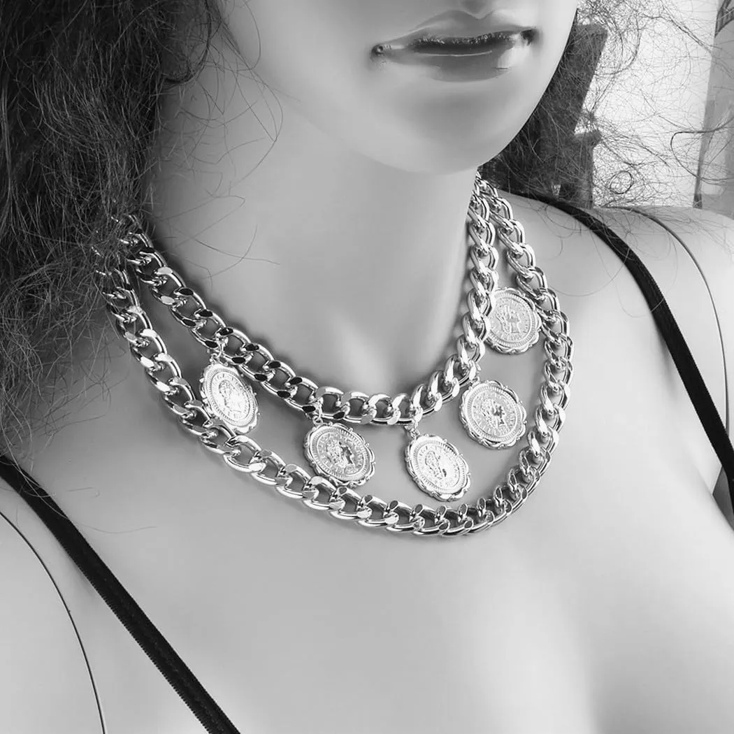Chunky Gold Necklace for Women Trendy Layered Necklaces Vintage Multi-Layered Queen Head Love Coin Cross Necklace 80's Hip Hop Cuban Chain Necklace Pirate Jewelry Prom Costume Accessories
