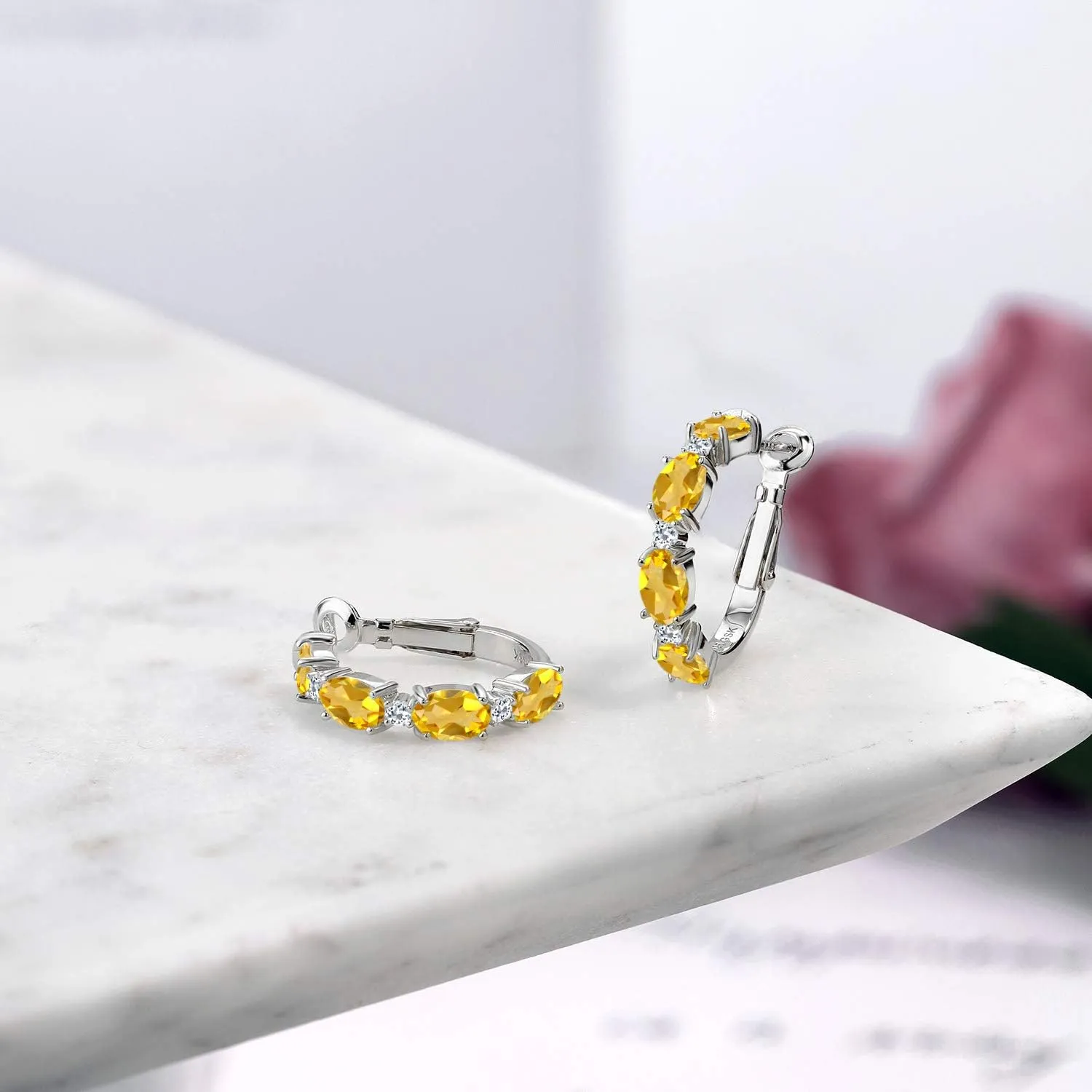 CindyGems&Jewels 2Ctw Oval Cut Yellow Citrine Huggie Hoop Earrings for Women 14K White Gold Finish 925 Sterling Silver