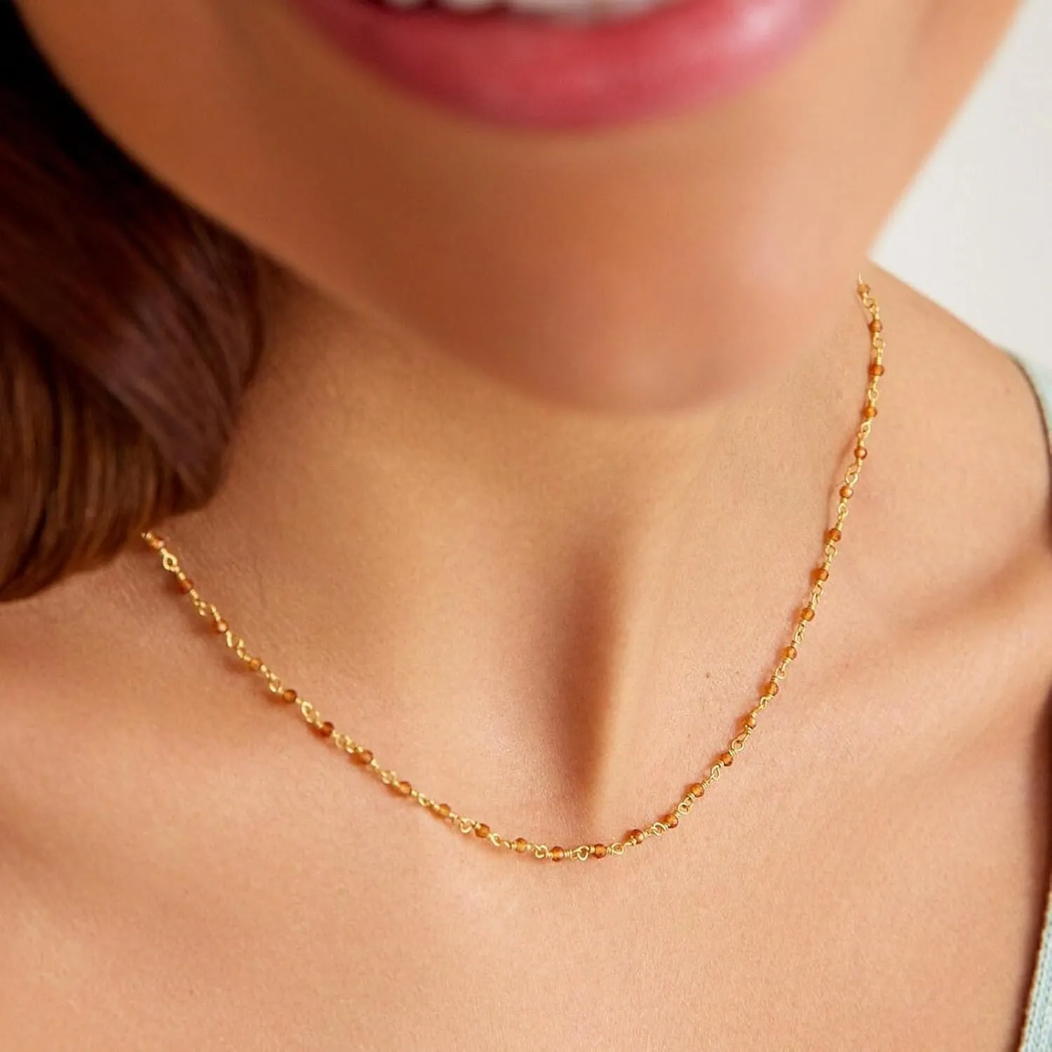 Citrine Choker Necklace, Natural Citrine Gemstone Handmade Beaded Necklace, 18k Gold Plated Wire Wrap Healing Crystals Women Fashion Jewelry 18 Inches (citrine)
