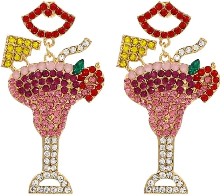 Cocktail Earrings for Women, Wine Glass Earrings for Womens, Tropical Margarita Dangle Earrings Hypoallergenic, Funny Fruit Juice Drink Cup Drop Earrings, Sterling Silver, No Gemstone