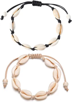 COLORFUL BLING 2 Pieces Handmade Boehmia Natural Cowrie Shell Anklet Seashell Ankle Bracelet Boho Beads Hawaii Foot Jewelry