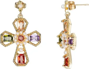Colorful Crystal Cross Dangle Stud Earrings for Women CZ Rhinestone Pearl Dangling Charm Drop Earrings Statement Studs Boho Fashion Jewelry Gifts