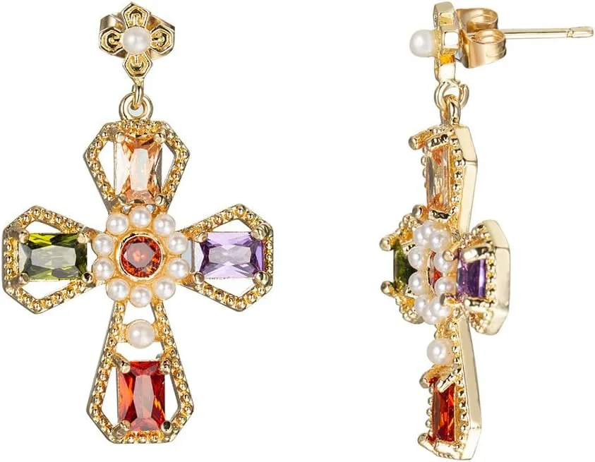 Colorful Crystal Cross Dangle Stud Earrings for Women CZ Rhinestone Pearl Dangling Charm Drop Earrings Statement Studs Boho Fashion Jewelry Gifts