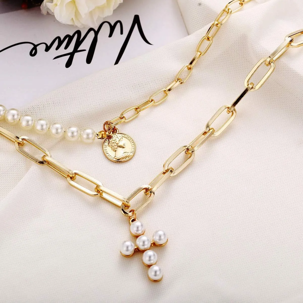 CSIYANJRY99 Layered Gold Necklaces for Women Chunky Gold Necklace Stack Layered Cuban Paperclip Snake Chain Necklace Retro Coin Dainty Pendant Toggle Clasp Necklace