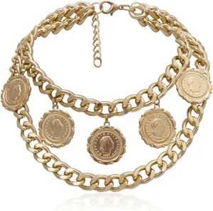 Dainty Layered Necklace, Dainty Layering Necklaces for Women Punk Retro Relief Pendant Chain Necklaces Jewelry Gifts, 2 Layers, Gold