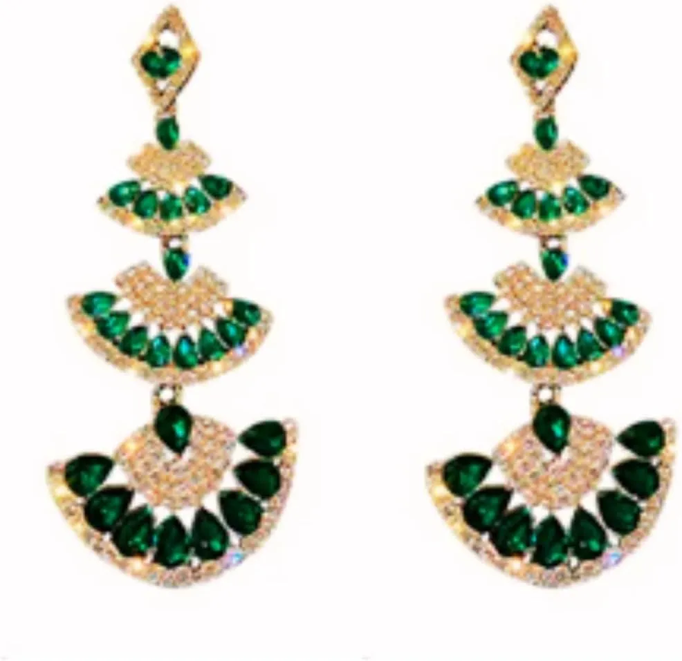 Eternal Gem Green Crystal Glam Fashion Drop Trendy Statement Long Chandelier Vintage Earrings for Women.