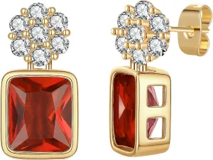 EVEVIC Austrian Crystal Square Drop Flower Studs Earrings for Women 14K Gold Plated Dangle Earring Jewelry Gifts