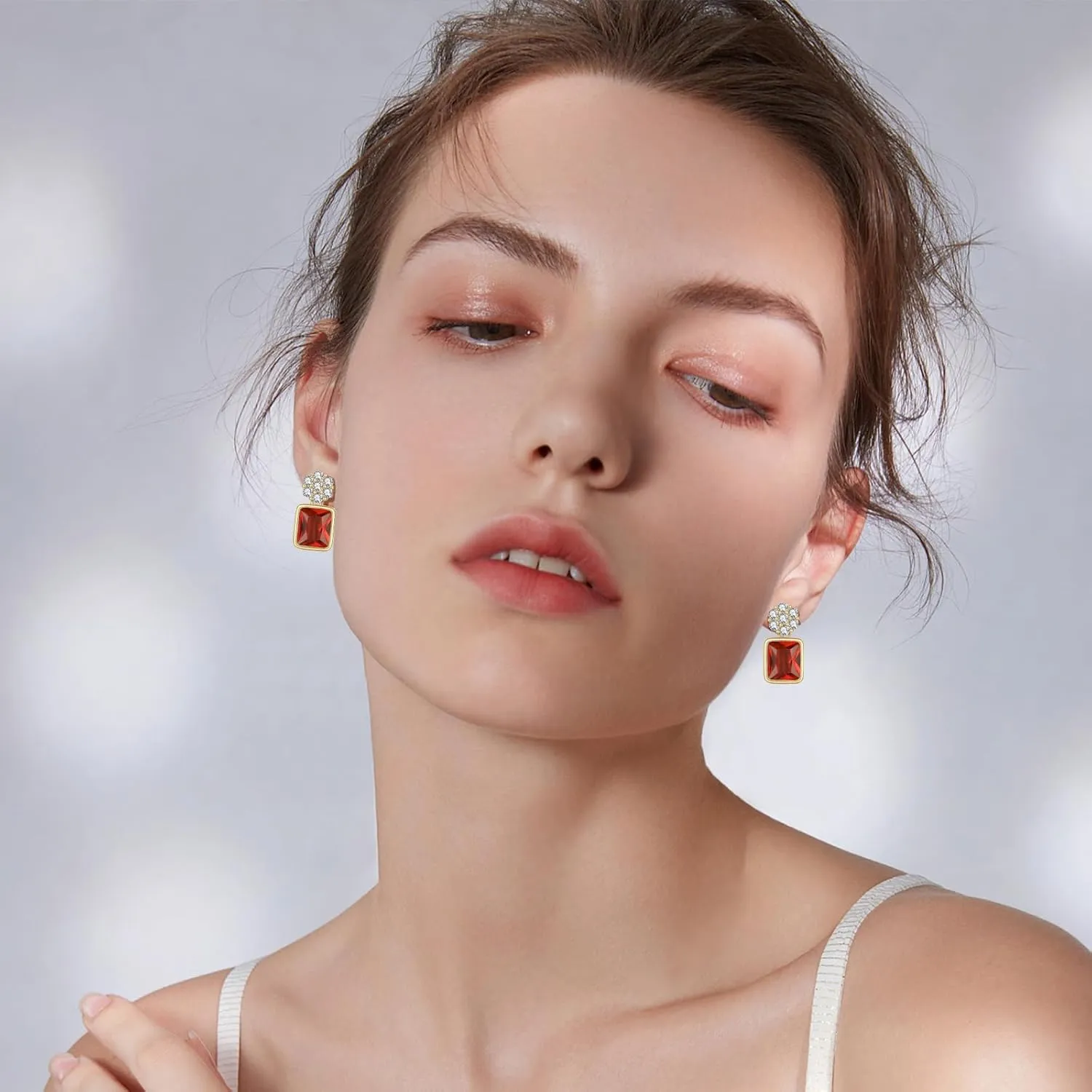 EVEVIC Austrian Crystal Square Drop Flower Studs Earrings for Women 14K Gold Plated Dangle Earring Jewelry Gifts