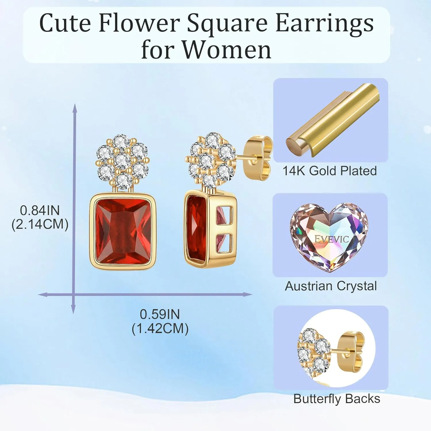EVEVIC Austrian Crystal Square Drop Flower Studs Earrings for Women 14K Gold Plated Dangle Earring Jewelry Gifts