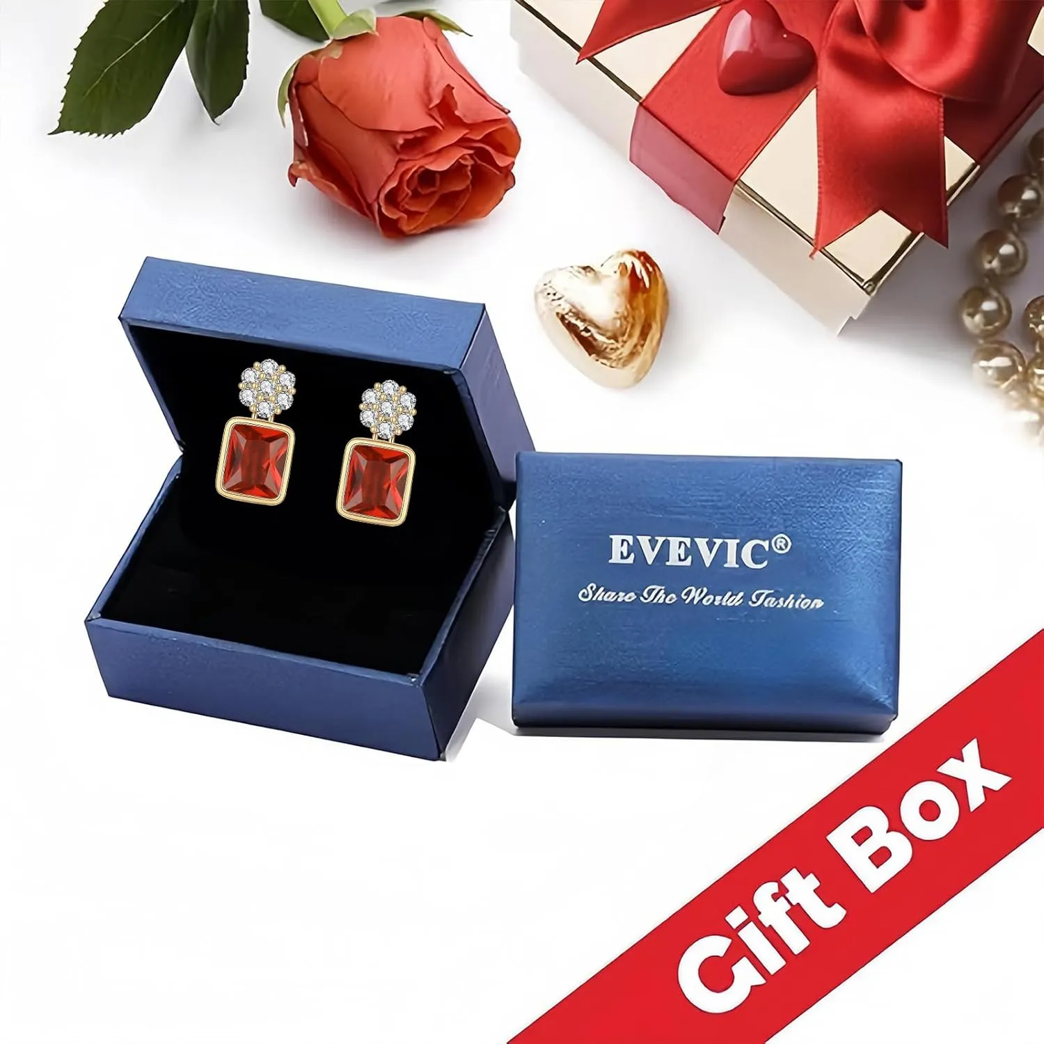 EVEVIC Austrian Crystal Square Drop Flower Studs Earrings for Women 14K Gold Plated Dangle Earring Jewelry Gifts