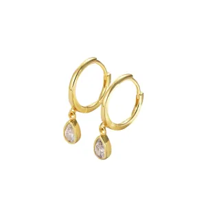 Fashion Jewelry: 925 Sterling Silver Minimalist Tear Drop Diamond Hoop Earrings with Gold Plating for Women
