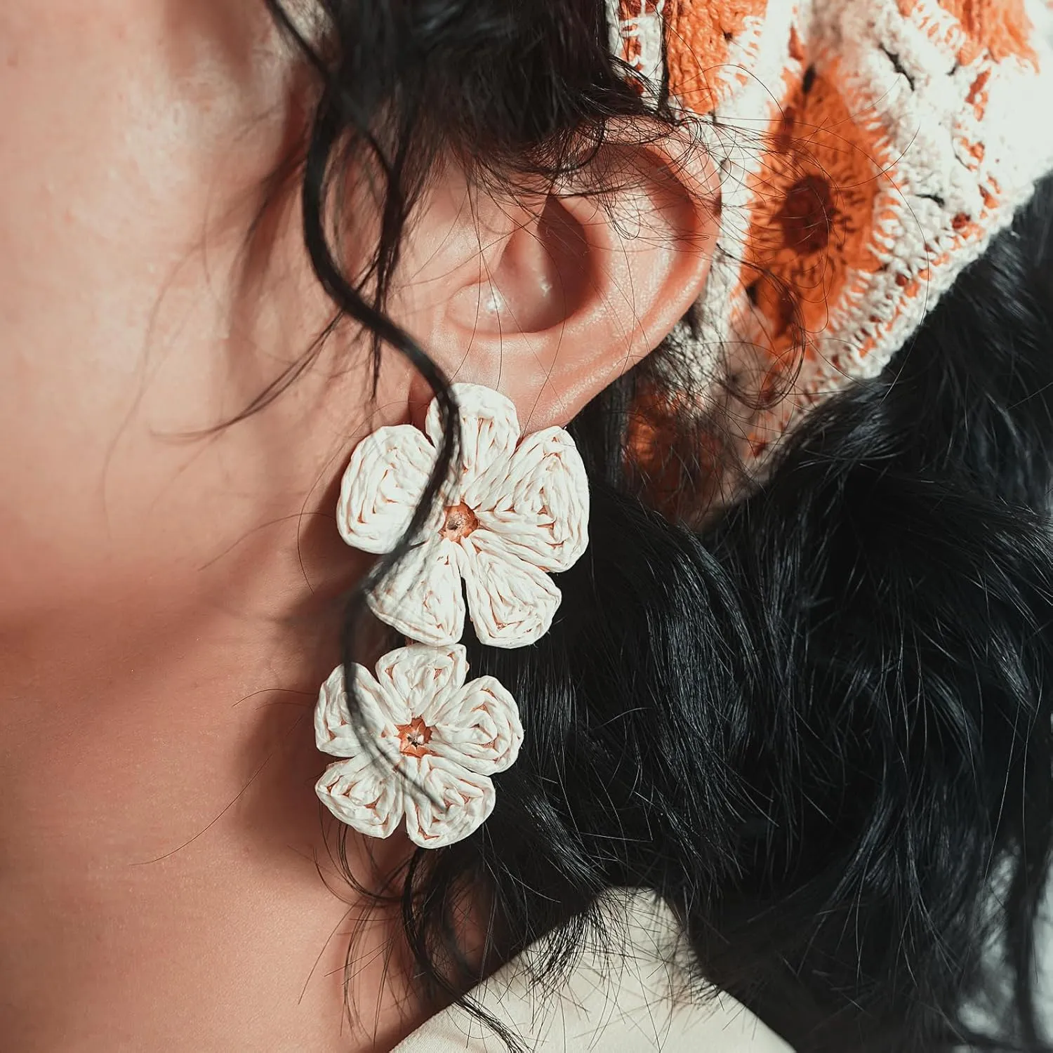 Flower Drop Earrings Floral Raffia Earrings Boho Statement Dangle Earrings Trendy Cute Summer Jewelry for Women