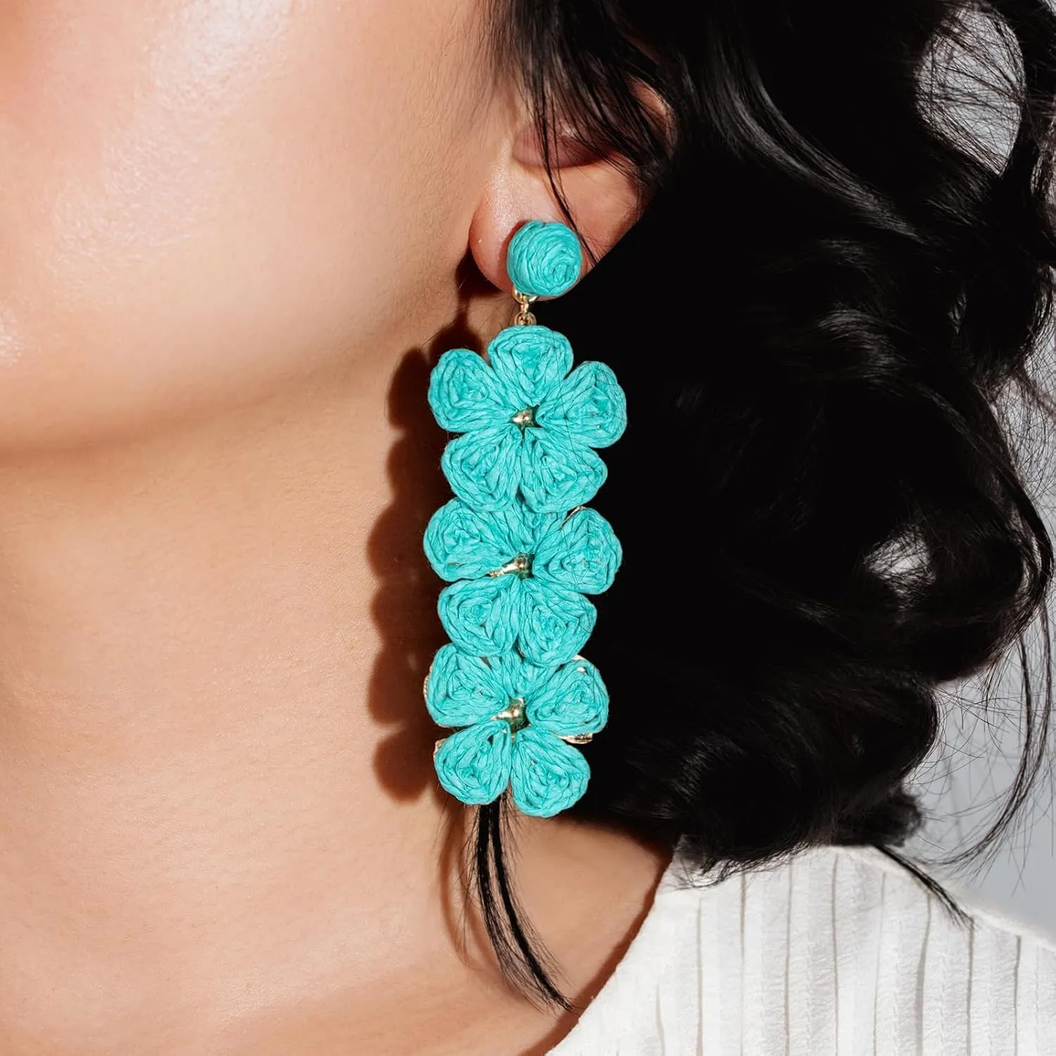 Flower Drop Earrings Floral Raffia Earrings Boho Statement Dangle Earrings Trendy Cute Summer Jewelry for Women