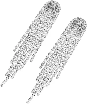 FRCOLOR 1Pair Fashion Women Long Rhinestone Tassel Dangle Earrings Elegant Jewelry for Weddings Parties Daily Wear Timeless Design for Classic Brides