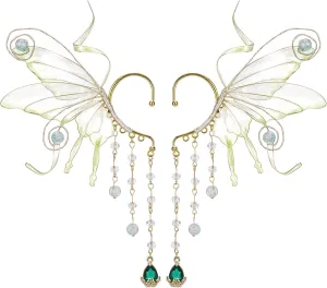 FRESHME Fairy Elf Ear Cuffs - Butterfly Wings Elven Ear Cuffs with Glass Beads Tassel Non Pierced Mermaid Ears for Women
