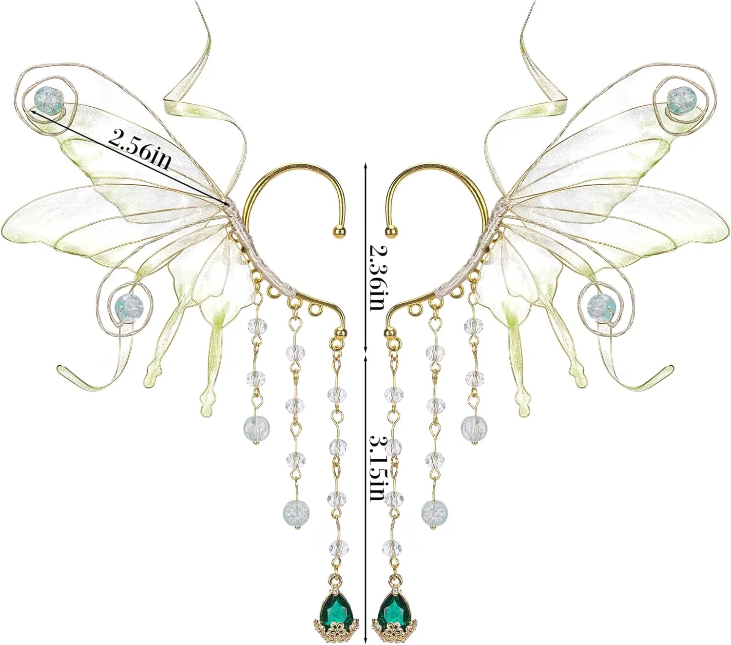 FRESHME Fairy Elf Ear Cuffs - Butterfly Wings Elven Ear Cuffs with Glass Beads Tassel Non Pierced Mermaid Ears for Women
